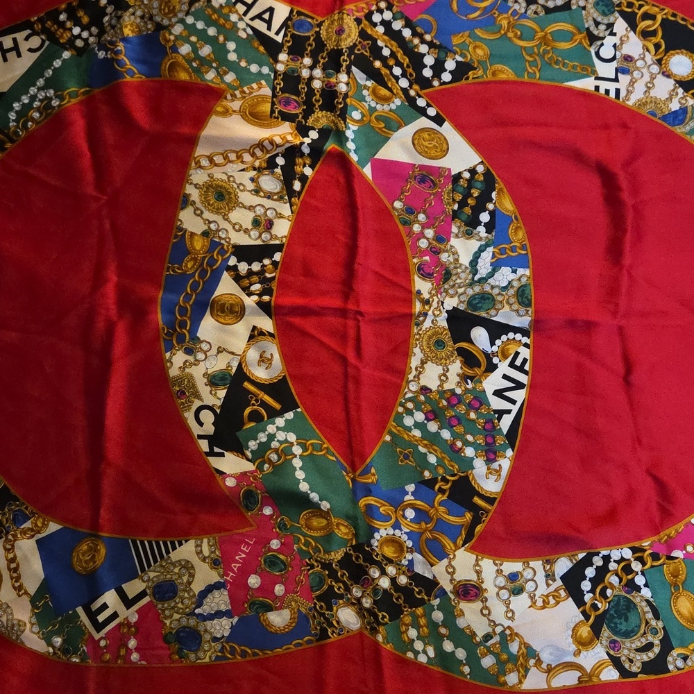 Chanel Multicolor Silk Scarf with Red Base - Picture 3 of 5
